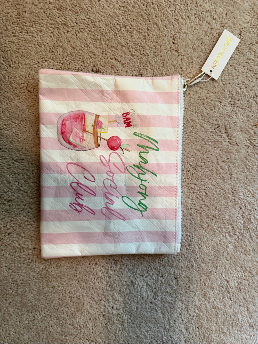 “Mahjong Social Club” Striped Pink Cocktail Pouch with Cherry Graphic - NWT